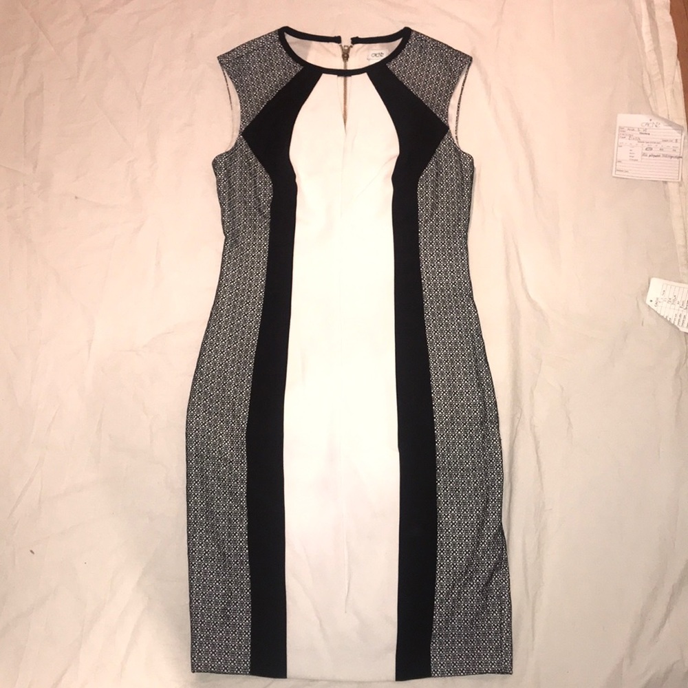 Blk ivory lace paneled sheath dress back gold zip